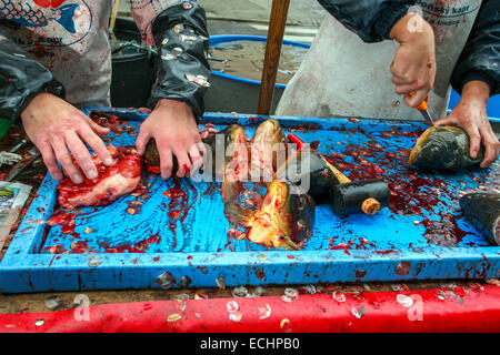 A street vendor prepares a Christmas carp for customers in the center of Czech capital Prague. Czechs eat the fried carp with po Stock Photo