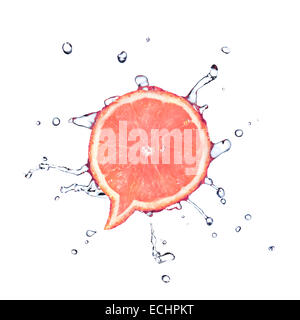 Grapefruit in shape of dialog box with water drops isolated on white Stock Photo