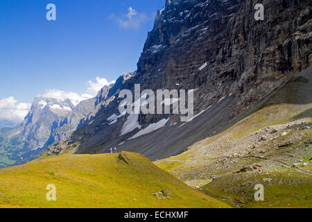 Hikers on the Eiger Trail, running along the base of the Eiger North Face Stock Photo