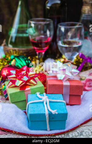 Colorful gift boxes on the table. Stock Photo