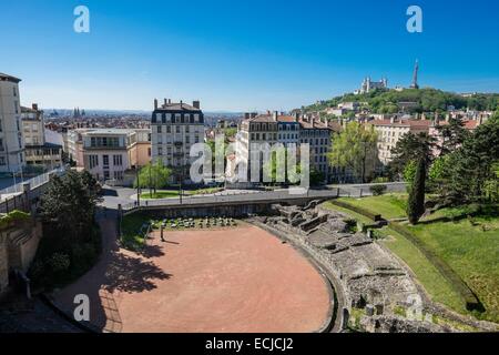 France, Rhone, Lyon, historical site listed as World Heritage by UNESCO, Croix Rousse district, Burdeau fountain at the foot of the Amphitheatre of the Three Gauls and Fourviere hill in the background Stock Photo