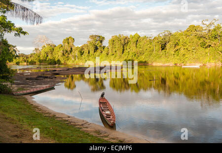 River canoe moored at the banks of Suriname River at Danpaati Lodge, Upper Suriname Stock Photo