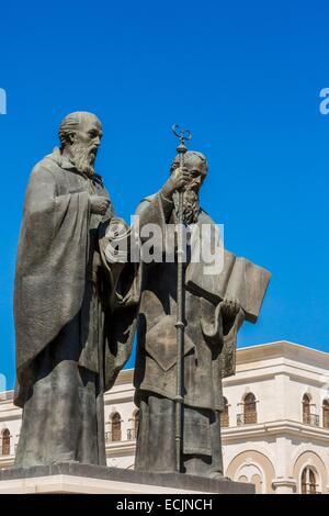 Republic of Macedonia, Skopje, district Carsija, Karpos square, statue of St Cyril and St Methodius Stock Photo