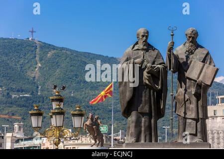 Republic of Macedonia, Skopje, district Carsija, Karpos square, statue of St Cyril and St Methodius Stock Photo