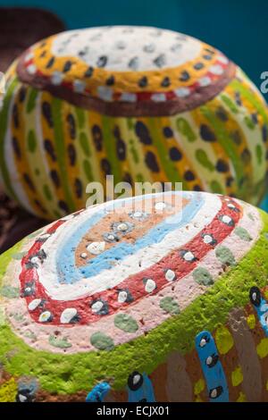 Portugal, Madeira island, Santana on the north coast, painted stones by the schoolchildren Stock Photo