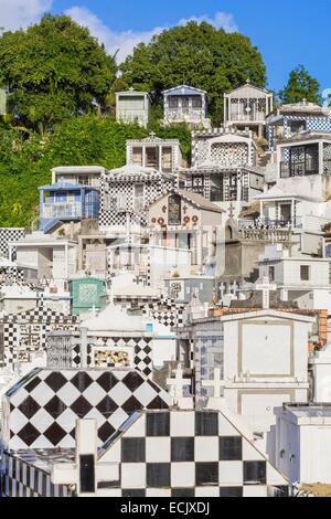 France, Guadeloupe (French West Indies), Grande Terre, Morne a l'Eau, cemetery with approximately 1800 graves decorated with black and white tiled Stock Photo