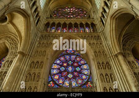 France, Marne, Reims, Notre Dame de Reims cathedral, listed as World Heritage by UNESCO, Royal Portal, the central portal Reverse and the western façade rose window