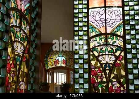 France, Meurthe et Moselle, Nancy, the Bergeret House of Art Nouveau style, stained glass windows of the winter garden Stock Photo