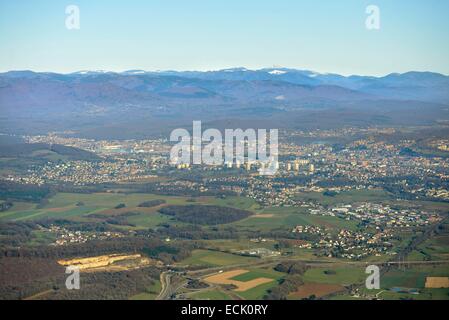 France, Territoire de Belfort, aerial view, Belfort city and country in the Vosges at the foot of the Ballon d'Alsace and the Grand Ballon summit of the Vosges Stock Photo