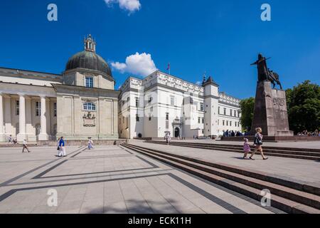 Lithuania (Baltic States), Vilnius, historical center listed as World Heritage by UNESCO, the Saint Stanislaus Cathedral, Katedros Aikste, the Royal Palace and the equestrian statue of the grand duke Gediminas, the founder of Vilnius Stock Photo