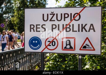 Lithuania (Baltic States), Vilnius, district of Uzupis, district of the Other Bank, road sign on the border before the bridge above the river Vilnia, called most of the time Vilnele is an inseparable part of Uzupis Stock Photo