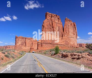 United States, Utah, Colorado Plateau, Arches National Park, Courthouse Towers, The Organ with the Tower of Babel in the background along the scenic road Stock Photo