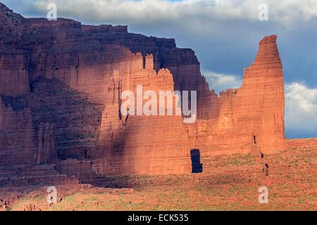 United States, Utah, Colorado Plateau, State Route 128 (SR-128) along the Colorado river designated the Upper Colorado River Scenic Byway, the Fisher Towers rock formations near Moab Stock Photo