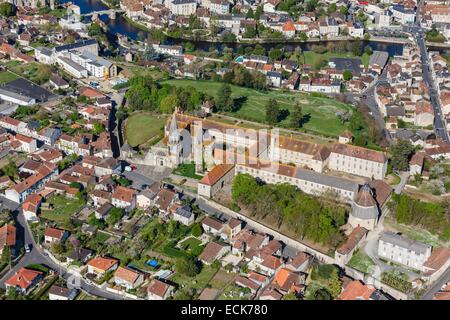 France, Vienne, Montmorillon, the town, the old bridge and the monastery (aerial view) Stock Photo