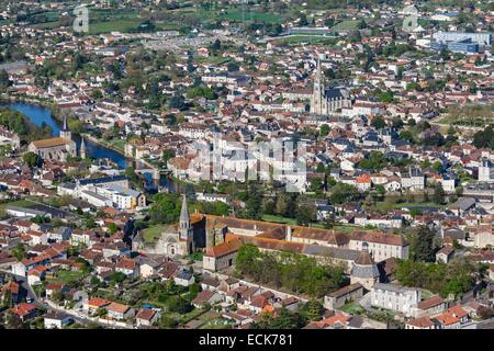 France, Vienne, Montmorillon, the town, Notre Dame church and Maison-Dieu monastery (aerial view) Stock Photo