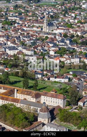 France, Vienne, Montmorillon, the town, Notre Dame church and the octogonal chapel (aerial view) Stock Photo