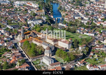France, Vienne, Montmorillon, the town, the old bridge and the monastery (aerial view) Stock Photo