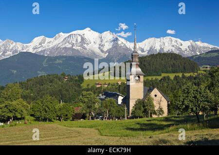 France, Haute Savoie, Cordon, church of Cordon village and Mont-Blanc Stock Photo