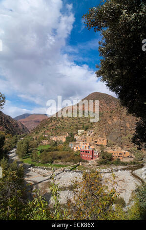 Vertical view of a small Berber village nestled on the slopes of the High Atlas Mountain range in Morocco. Stock Photo
