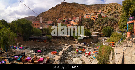 Horizontal panoramic (2 picture stitch) view of Setti Fatma village in the High Atlas Mountain range in Morocco.