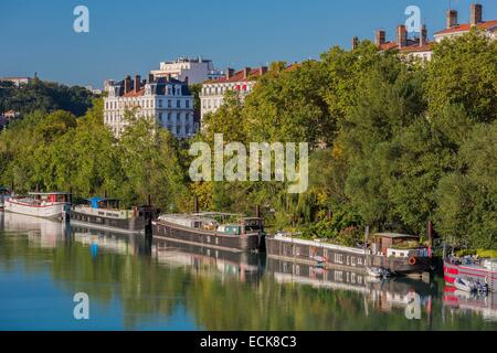 France, Rhone, Lyon, the banks of the Rhone, the quay of Serbie and its barges house Stock Photo