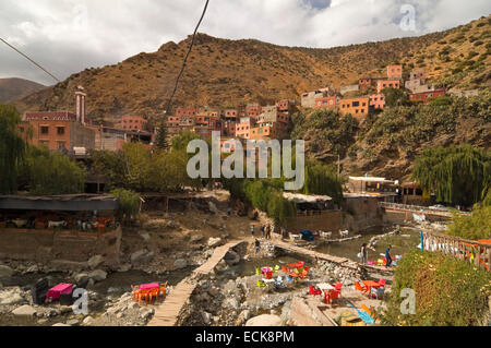 Horizontal view of Setti Fatma village in the High Atlas Mountain range in Morocco.