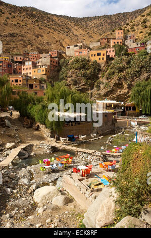 Vertical view of Setti Fatma village in the High Atlas Mountain range in Morocco. Stock Photo