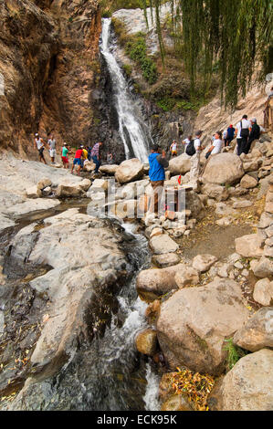 Vertical view of the waterfalls at Setti Fatma in the High Atlas Mountain range in Morocco. Stock Photo