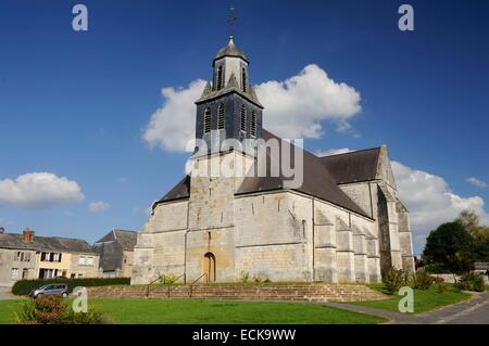 France, Ardennes, Launois sur Vence, Saint Etienne church, bell tower seen from the side Stock Photo