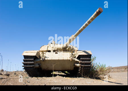 Old centurion tank of the yom kippur war at 'tel e-saki' on the Golan Heights in Israel Stock Photo