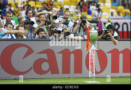 Football Trophy (EURO 2012 Cup) presents during final game between Spain and Italy Stock Photo