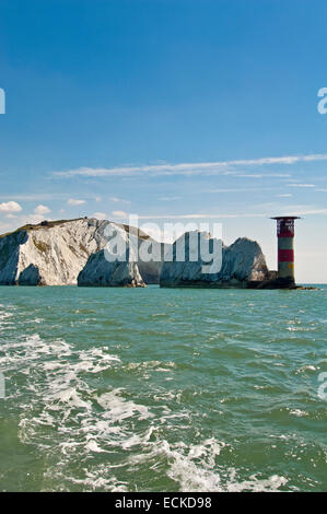 Vertical view of the Needles lighthouse from the sea in the Isle of Wight. Stock Photo