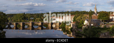 France, Charente, Confolens, panoramic view of the village and the Old Bridge Stock Photo