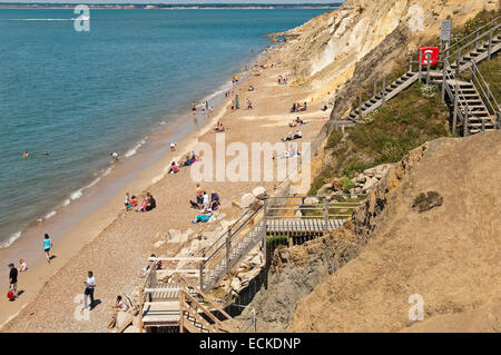 Horizontal aerial view of tourists on the beach at Alum Bay in the Isle of Wight. Stock Photo