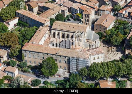France Aude, Caunes Minervois, Saint Pierre and Saint Paul abbey (aerial view) Stock Photo