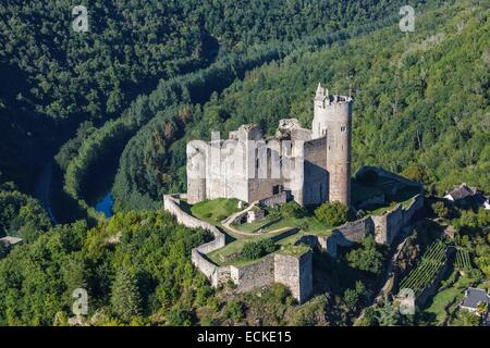 France, Aveyron, Najac, labelled Les Plus Beaux Villages de France (The Most beautiful Villages of France), the castle (aerial view) Stock Photo