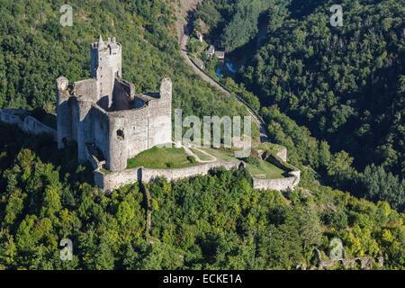 France, Aveyron, Najac, labelled Les Plus Beaux Villages de France (The Most beautiful Villages of France), the castle (aerial view) Stock Photo