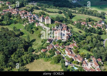 France, Correze, Curemonte, labelled Les Plus Beaux Villages de France (The Most Beautiful Villages of France), the village (aerial view) Stock Photo