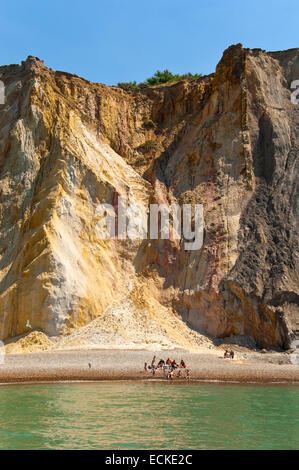 Vertical view of the colourful cliffs at Alum Bay in the Isle of Wight. Stock Photo