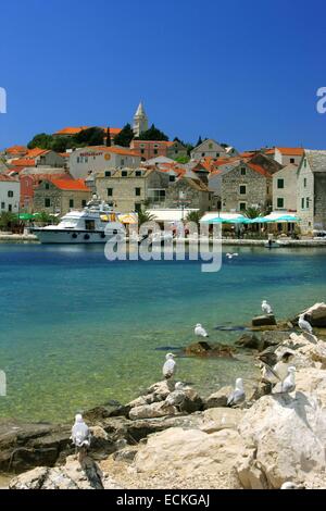 Croatia, Dalmatia, Dalmatian coast, Primosten, marina of Mediterranean seaside village Stock Photo