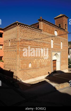 Spain, Aragon, Zaragoza, Tobed, Saint Marie, listed as World Heritage by UNESCO, main facade and overview of the church Stock Photo