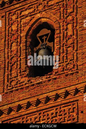Spain, Aragon, Zaragoza, Torralba de Ribota, Saint Felix, listed as World Heritage by UNESCO, detail of the bell tower at sunrise Stock Photo