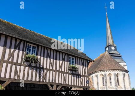 France, Eure, Harcourt, Saint Ouen church and the 13th century timbered halls, housing the town hall Stock Photo