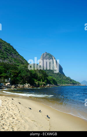 Classic view of Sugarloaf Mountain Pao de Acucar Rio de Janeiro Brazil from Praia Vermelha Red Beach at Urca Stock Photo