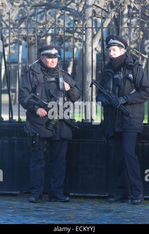 London, UK. 16th Dec, 2014. Westminster, London, UK. 16th December 2014. Armed police officers guarding the Houses of Parliament in Westminster London. Credit:  amer ghazzal/Alamy Live News Stock Photo