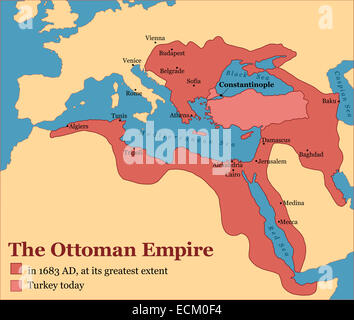 The Ottoman Empire at its greatest extent in 1683, and Turkey today. Stock Photo