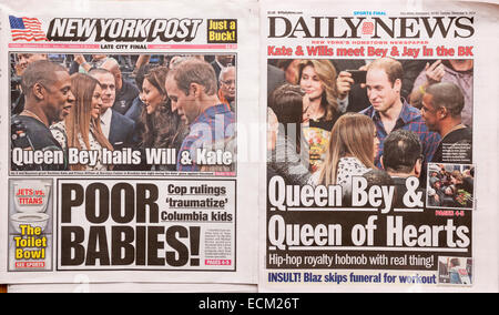 Front pages on Tuesday, December 9, 2014 of the New York Daily News and the New York Post use similar headlines to report on the previous evening's visit of the Duke and Duchess of Cambridge to the Barclays Center in Brooklyn to watch a basketball game during their royal visit to New York. While there the royal cupel were greeted by Beyonce and Jay-Z. (© Richard B. Levine) Stock Photo