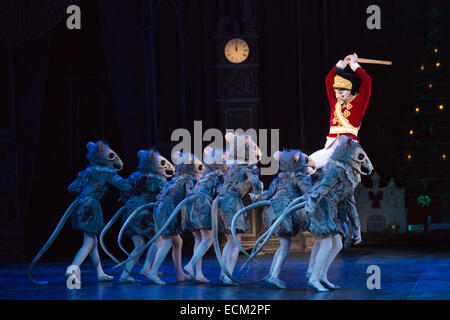 Max Westwell as the Nutcracker fighting rats. Dress rehearsal for the ballet 'The Nutcracker' at the London Coliseum. Set to music by Pyotr Ilyich Tchaikovsky, the traditional Christmas ballet is choreographed by Wayne Eagling based on a concept by Toer von Schayk and Wayne Eagling. The English National Ballet Philharmonic orchestra accompanies dancers from the English National Ballet and Students from the English National Ballet School. Children performers are from the Tring Park School for the Performing Arts. Stock Photo