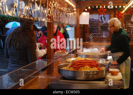 traditional Frankfurters at Christmas fair, Aachen Germany Stock Photo