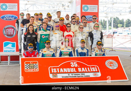 ISTANBUL, TURKEY - JULY 12, 2014: Rally drivers in start podium of 35. Istanbul Rally Stock Photo